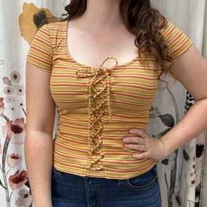 Women’s Aeropostale Faux Lace Up Striped Fitted T-Shirt. Size Small
